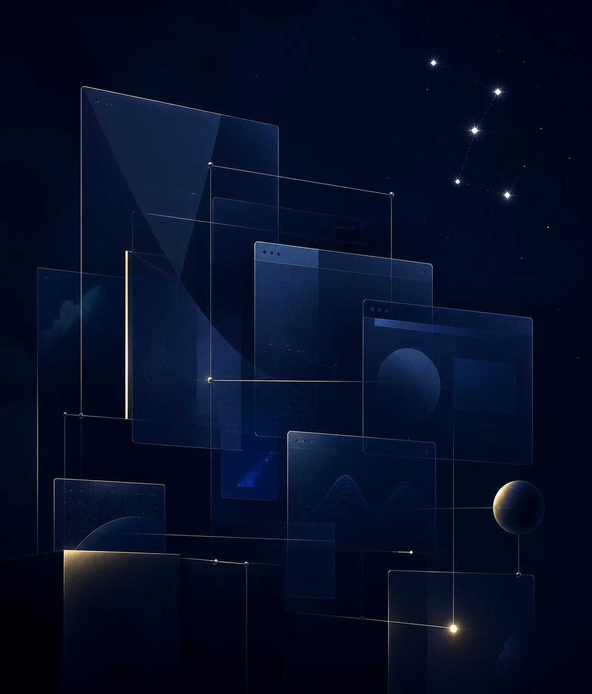 Layered glass panels representing online gaming portals over a night sky